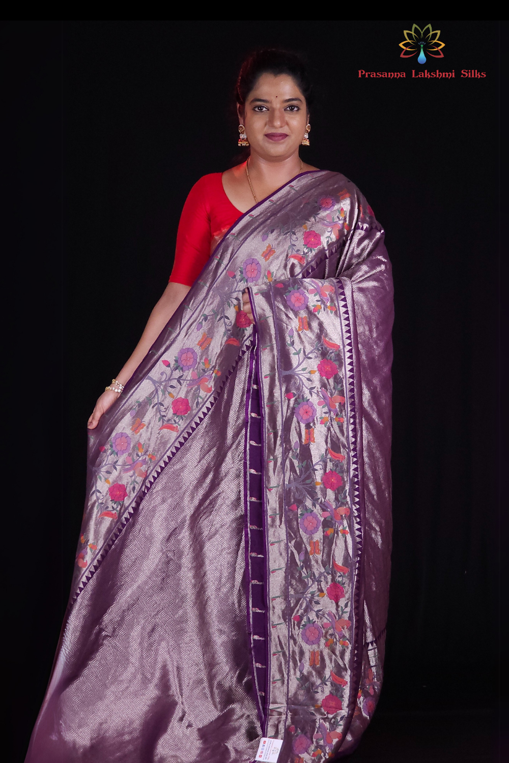 "Deep purple Ptissue saree with floral pallu and running blouse"