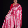 "Pink tissue saree with floral pallu and running blouse"