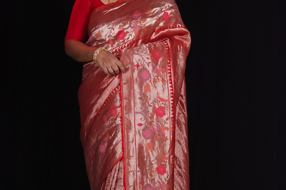 "Red tissue saree with floral pallu and running blouse"