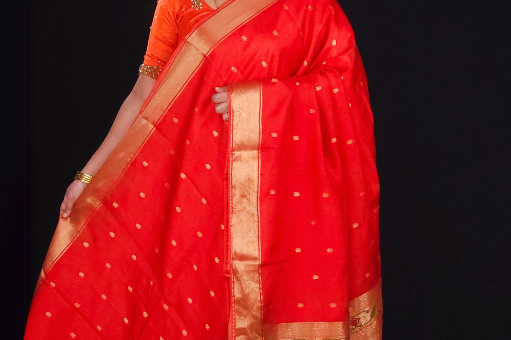 Bright Red "Lightweight Chanderi Silk Saree with meenakari Pallu"