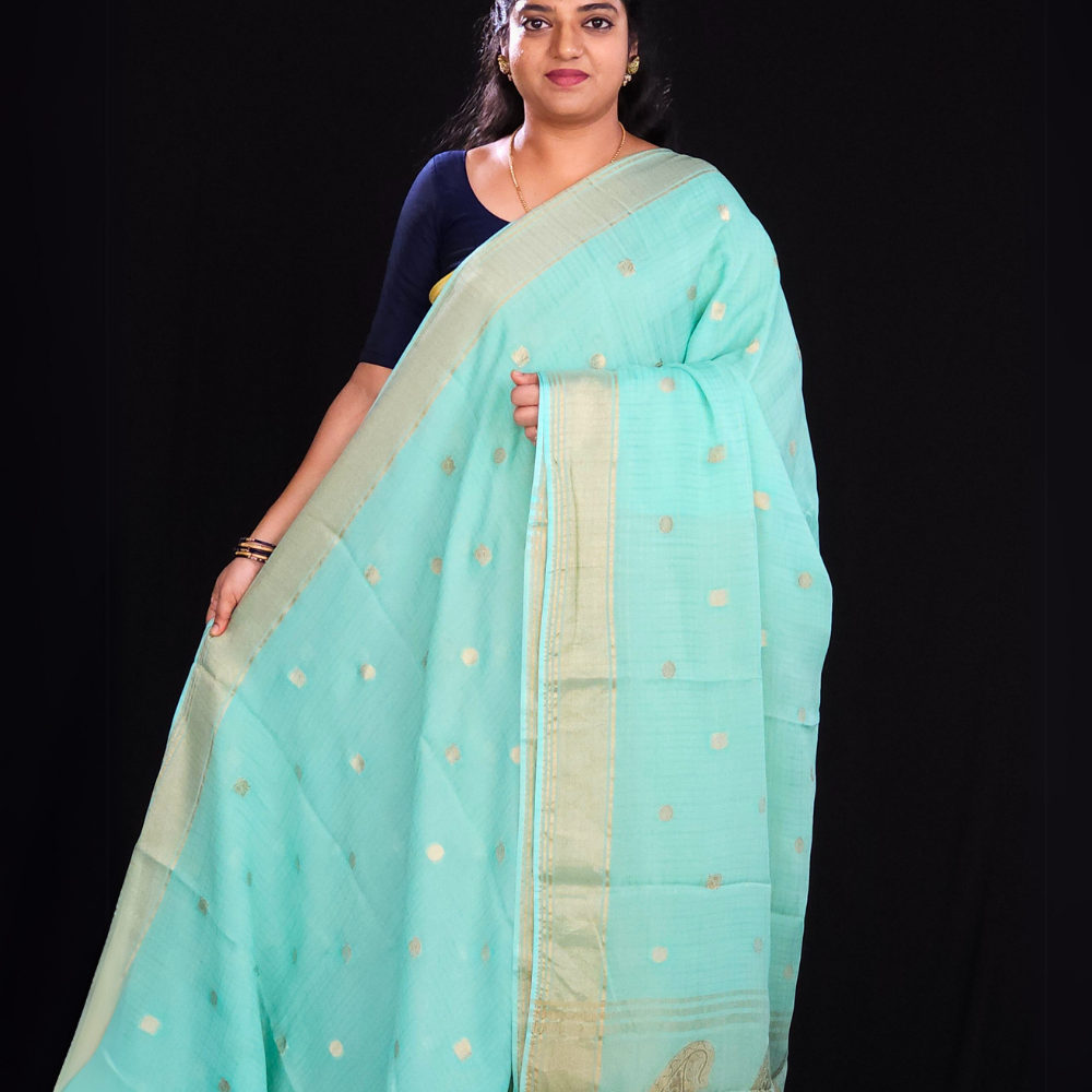 Sea Foam green "Banaras silk saree with allover Checks and tissue pallu