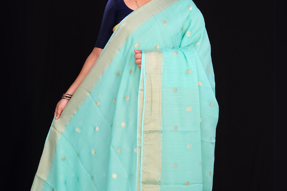 Sea Foam green "Banaras silk saree with allover Checks and tissue pallu