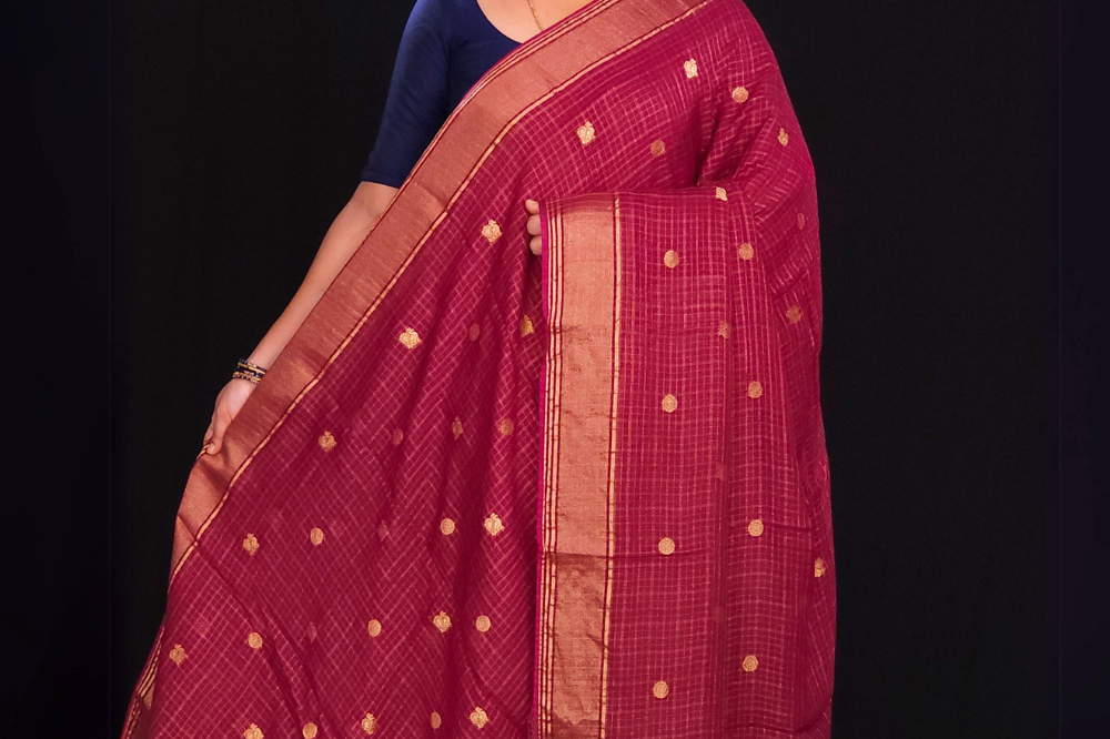 wine "Banaras silk saree with allover Checks and tissue pallu