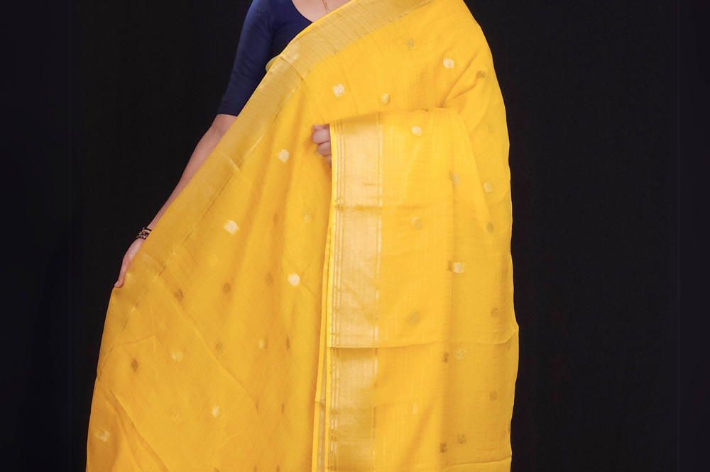 Yellow "Banaras silk saree with allover Checks and tissue pallu