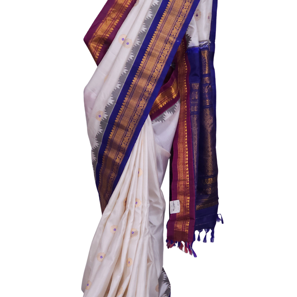 Half White Handloom Gadwal Pure Silk Saree with Blue and Magenta Ganga Jamuna zari woven borders and brocade pallu