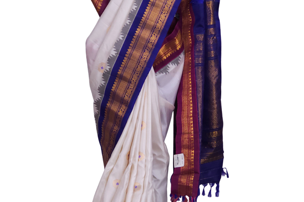 Half White Handloom Gadwal Pure Silk Saree with Blue and Magenta Ganga Jamuna zari woven borders and brocade pallu