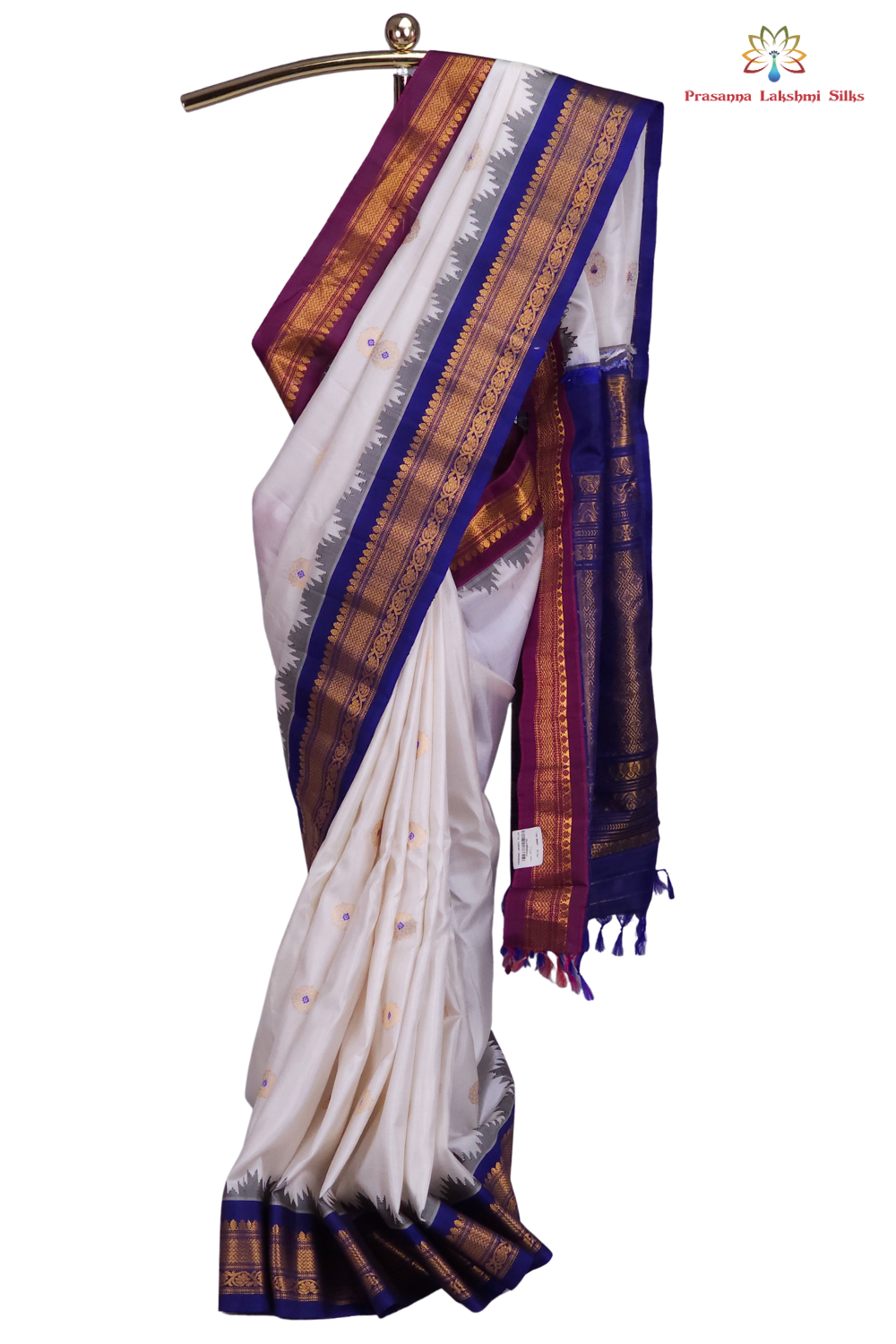 Half White Handloom Gadwal Pure Silk Saree with Blue and Magenta Ganga Jamuna zari woven borders and brocade pallu