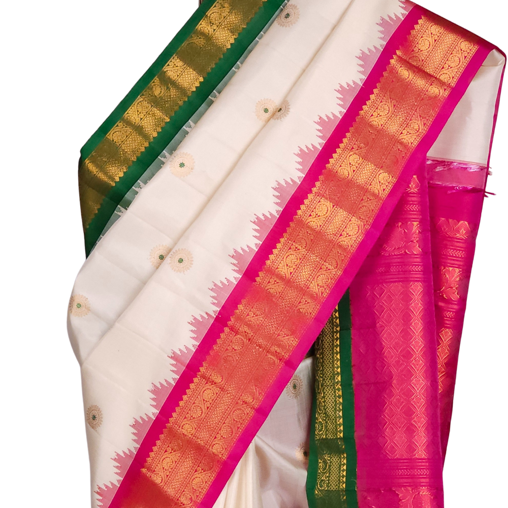 Half White Handloom Gadwal Pure Silk Saree with Pink and Green Ganga Jamuna zari woven borders and brocade pallu

