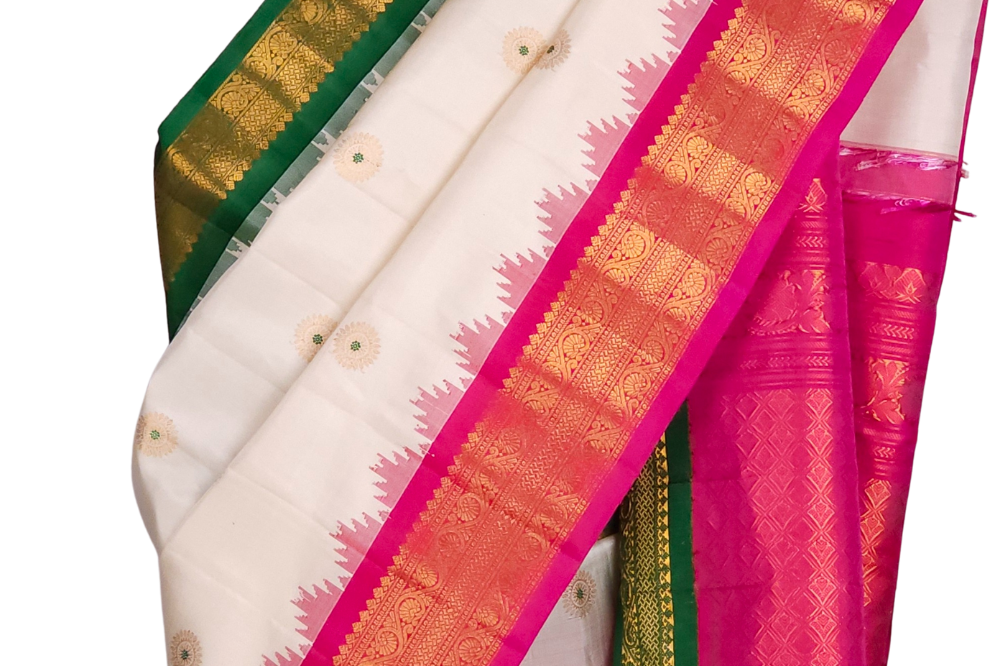 Half White Handloom Gadwal Pure Silk Saree with Pink and Green Ganga Jamuna zari woven borders and brocade pallu

