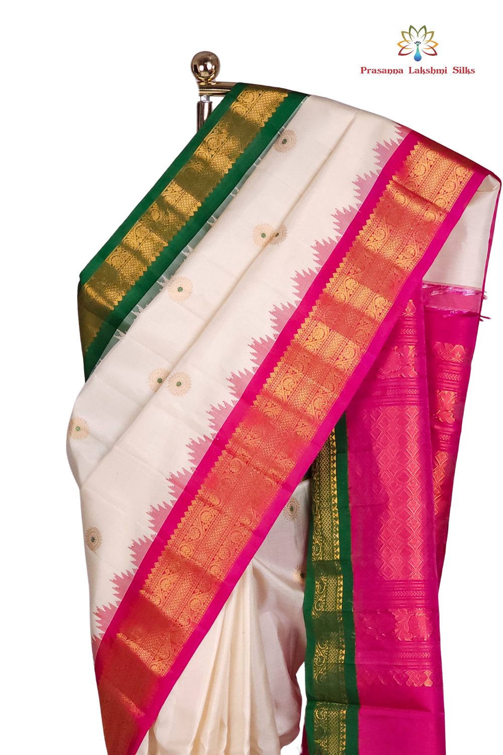 Half White Handloom Gadwal Pure Silk Saree with Pink and Green Ganga Jamuna zari woven borders and brocade pallu

