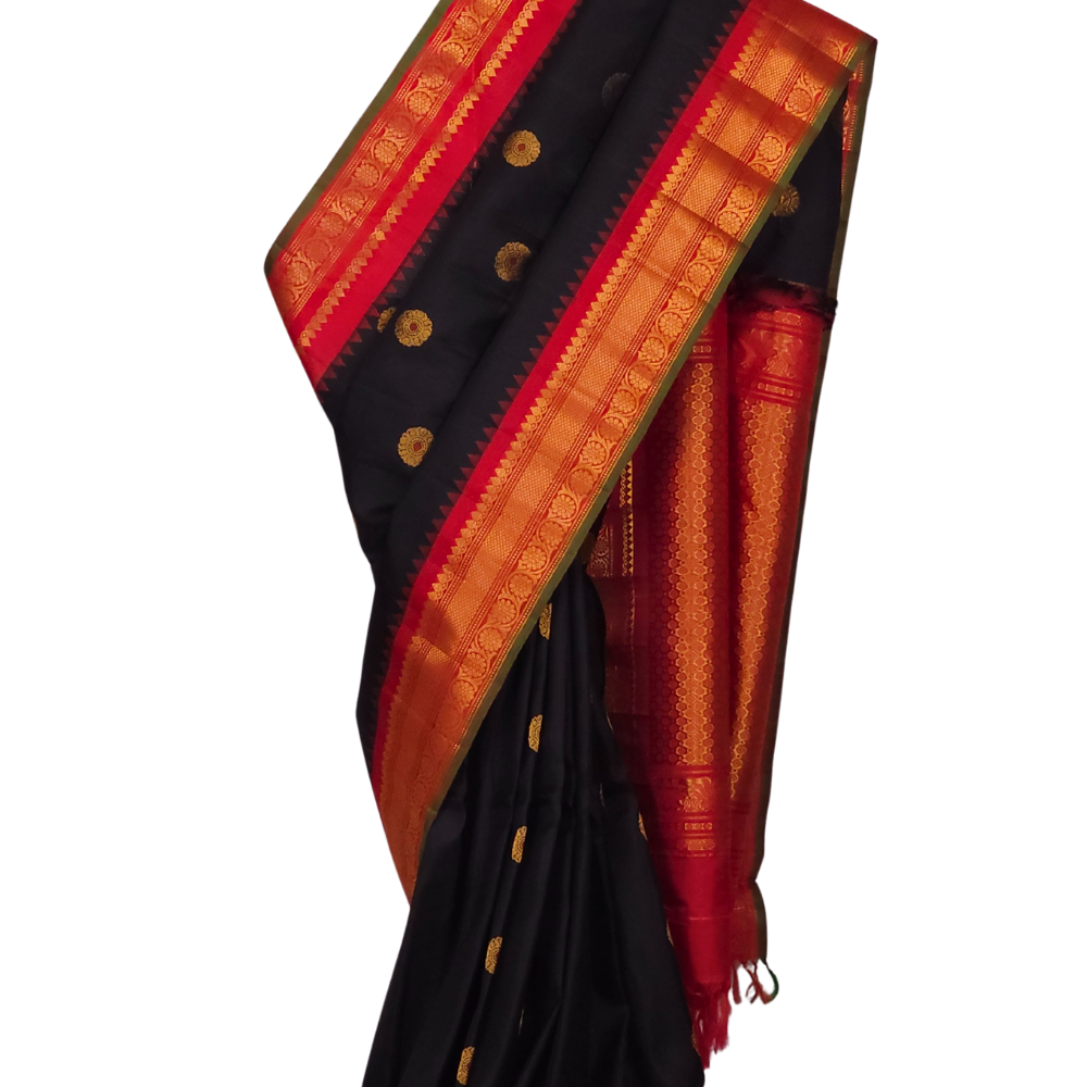 Handloom Black Gadwal Silk Saree – Red Zari