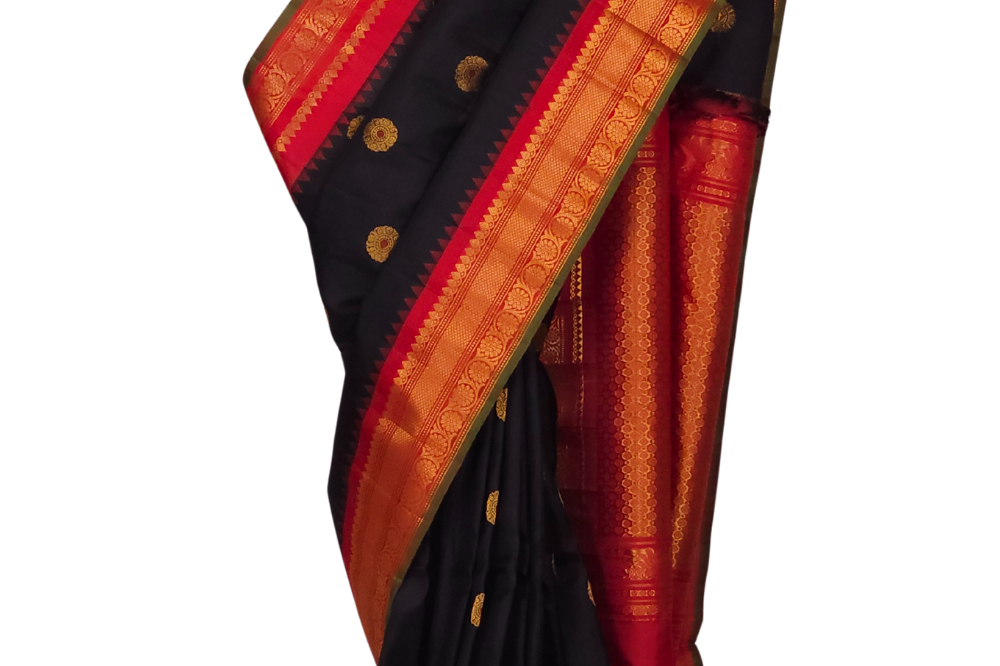 Handloom Black Gadwal Silk Saree – Red Zari
