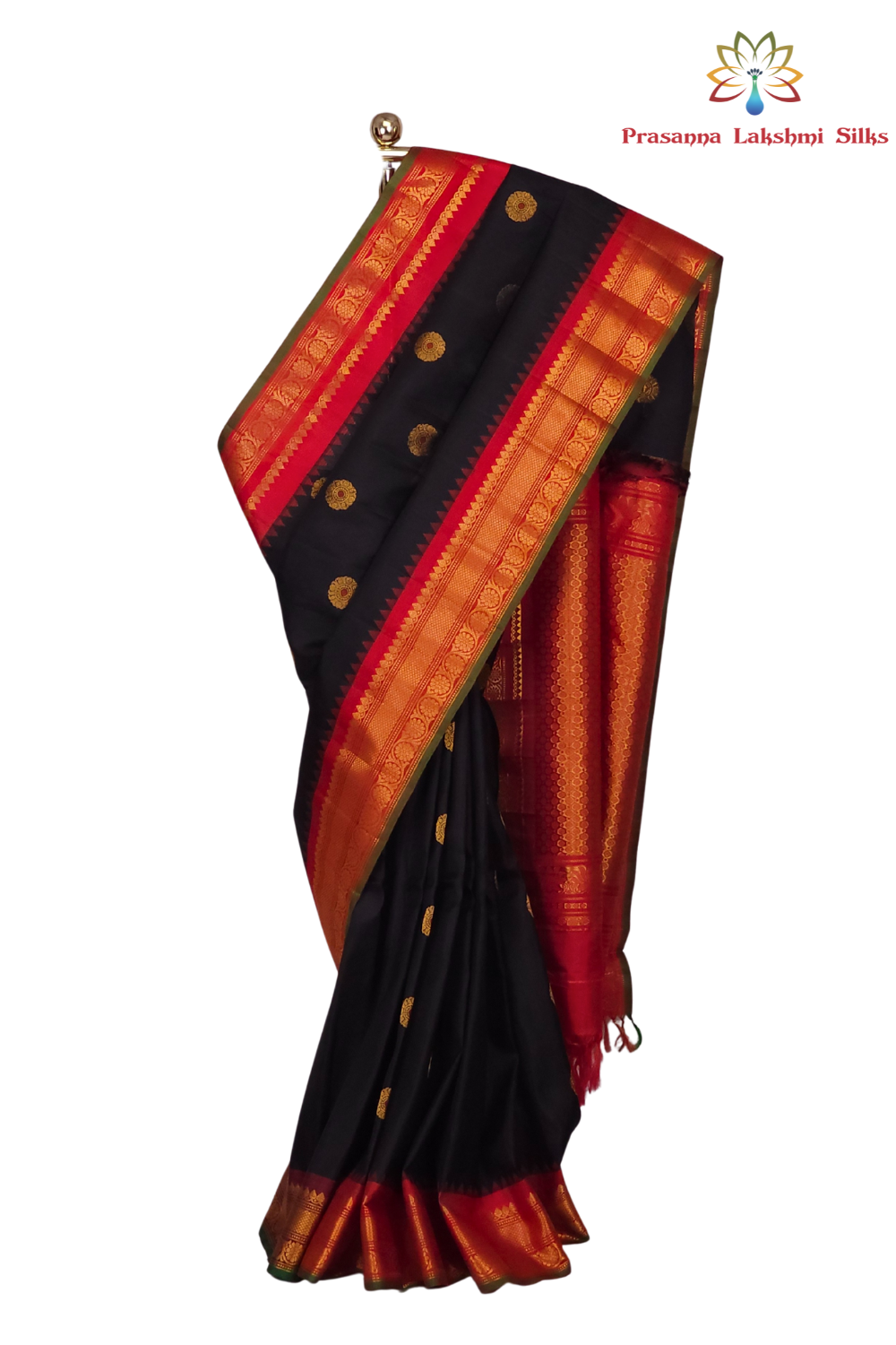 Handloom Black Gadwal Silk Saree – Red Zari