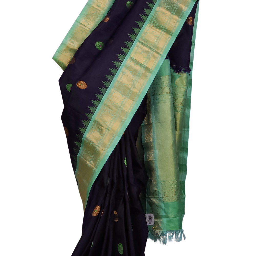 Elegant navy blue pure silk Gadwal saree with Sea Green blouse piece from Prasanna Lakshmi Silks

