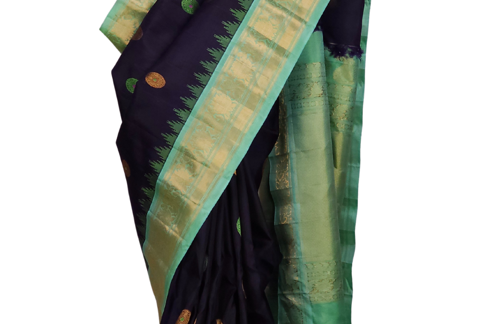 Elegant navy blue pure silk Gadwal saree with Sea Green blouse piece from Prasanna Lakshmi Silks


