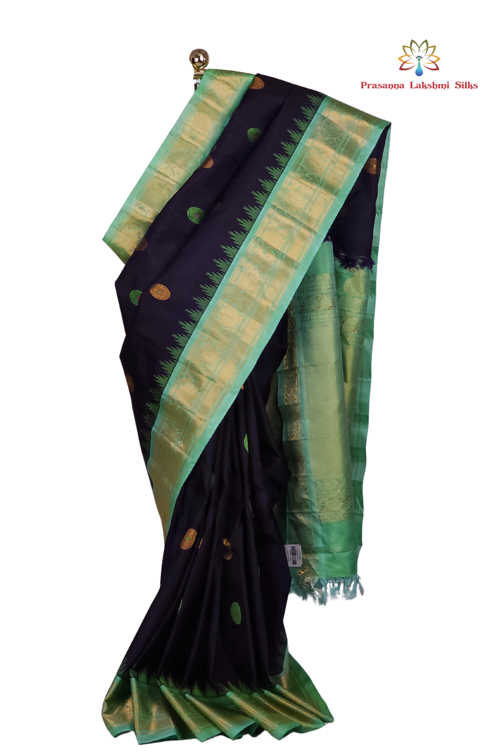 Elegant navy blue pure silk Gadwal saree with Sea Green blouse piece from Prasanna Lakshmi Silks

