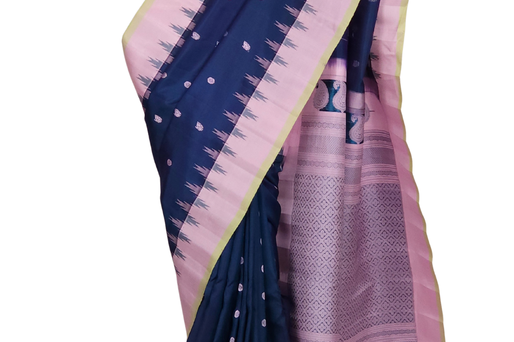 Handloom Peacock Blue Gadwal Silk Saree