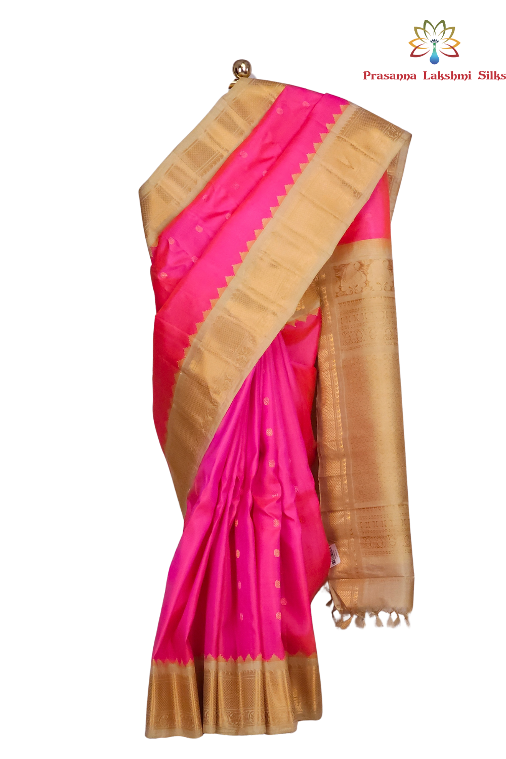 Hot pink handloom Gadwal pure silk saree with cream zari woven border and rich brocade pallu
