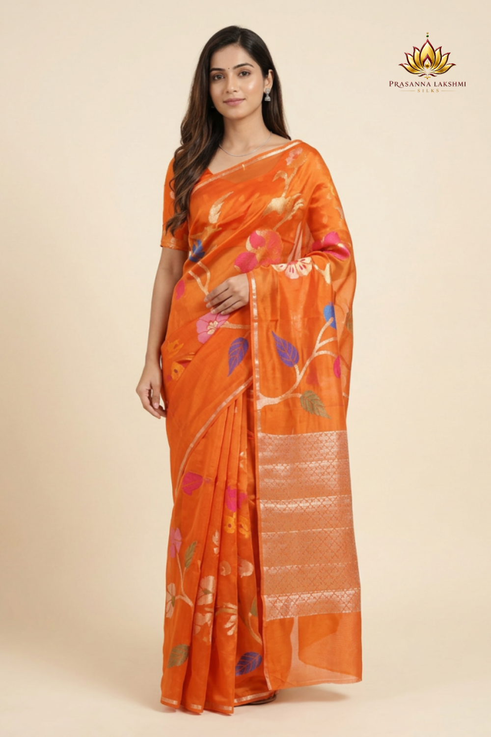 Viscose organza saree with zari woven floral brocade and meenakari detailing with rich tissue brocade pallu
