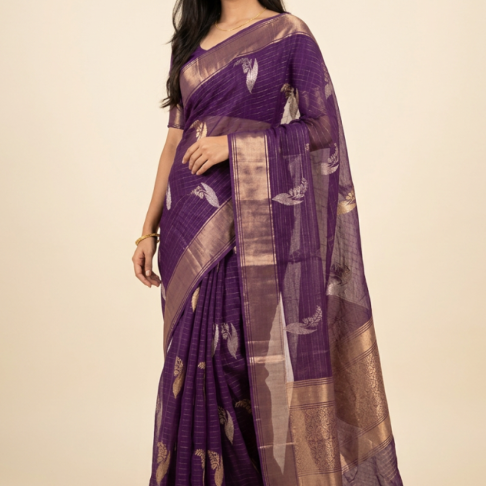 Chiffon silk saree with allover zari woven small checks and antique zari motifs
