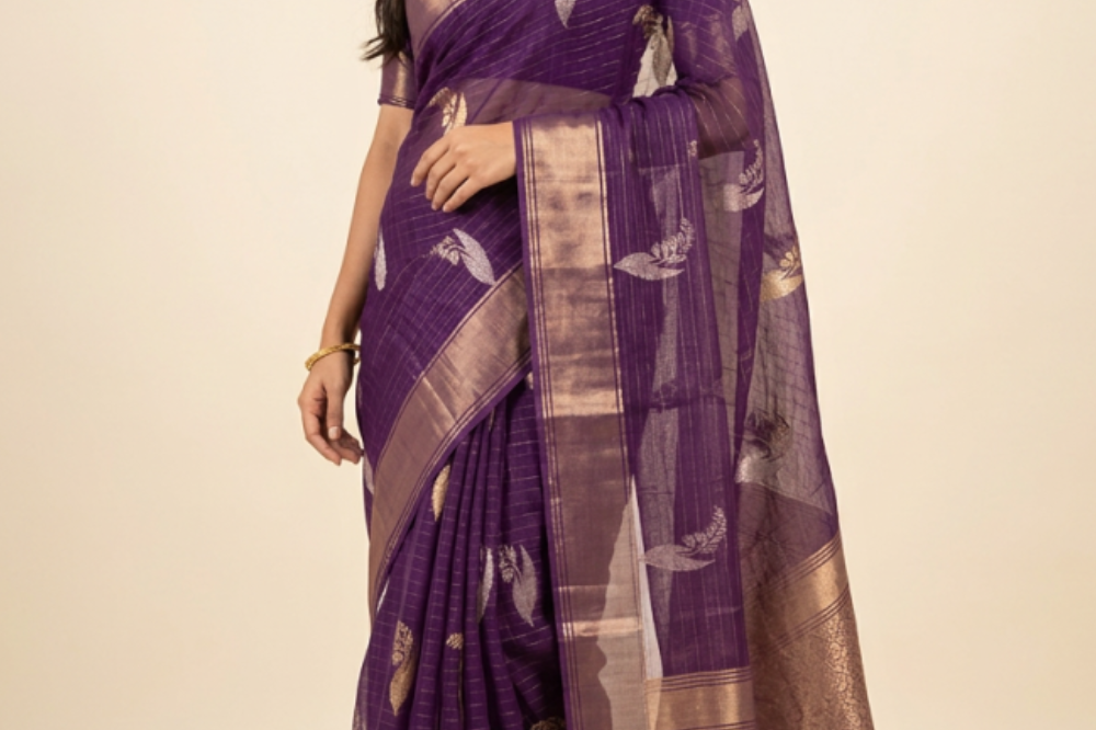 Chiffon silk saree with allover zari woven small checks and antique zari motifs
