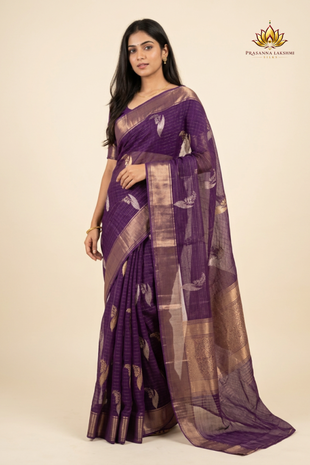 Chiffon silk saree with allover zari woven small checks and antique zari motifs
