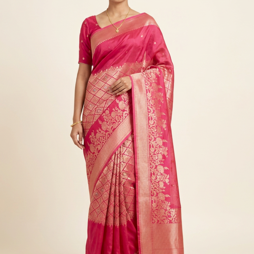Banarasi Munga Saree with all-over unique zari motifs, zari woven floral bunch borders, rich brocade pallu, 
