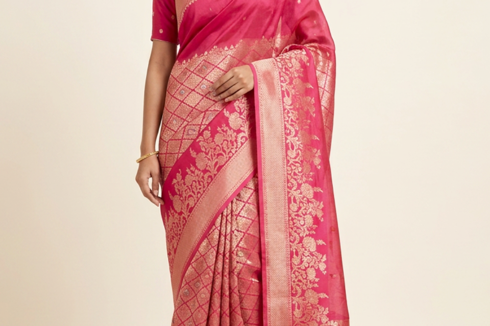 Banarasi Munga Saree with all-over unique zari motifs, zari woven floral bunch borders, rich brocade pallu, 