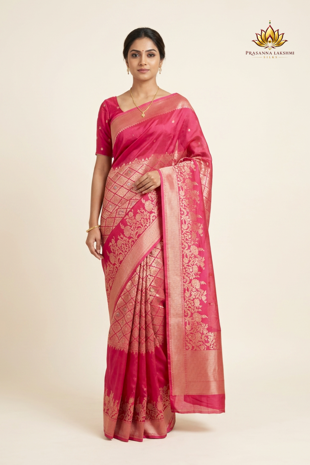 Banarasi Munga Saree with all-over unique zari motifs, zari woven floral bunch borders, rich brocade pallu, 