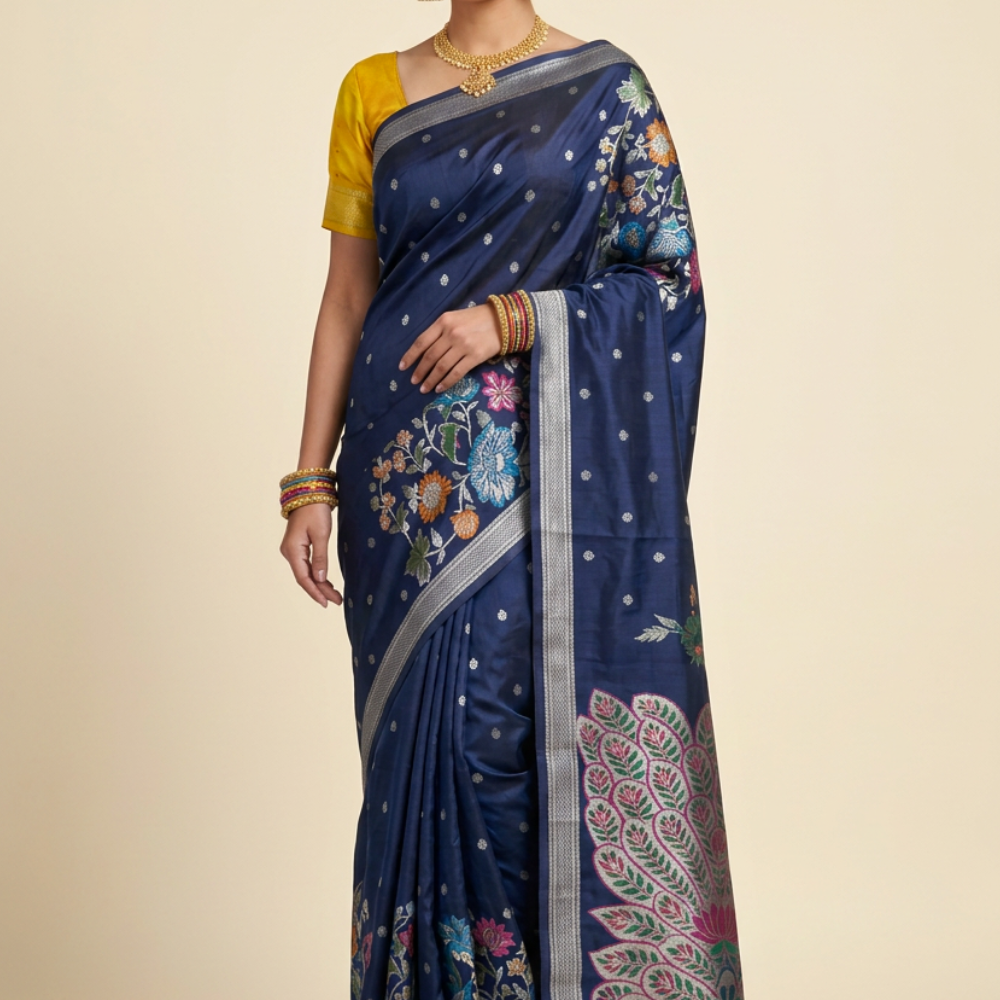 Banarasi Munga silk saree with all-over zari woven floral motifs and rich brocade pallu.
