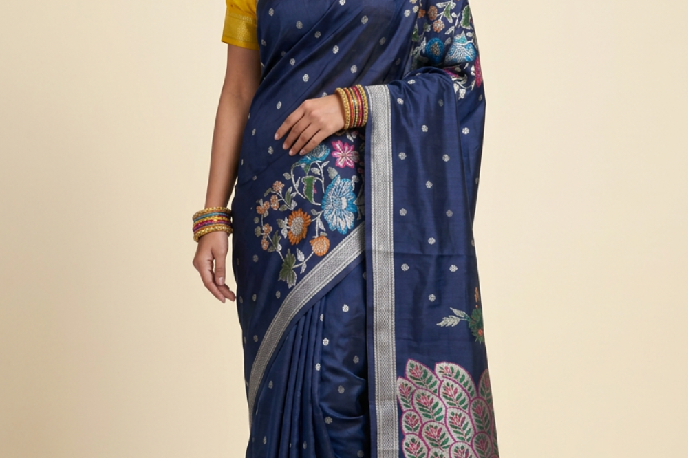 Banarasi Munga silk saree with all-over zari woven floral motifs and rich brocade pallu.
