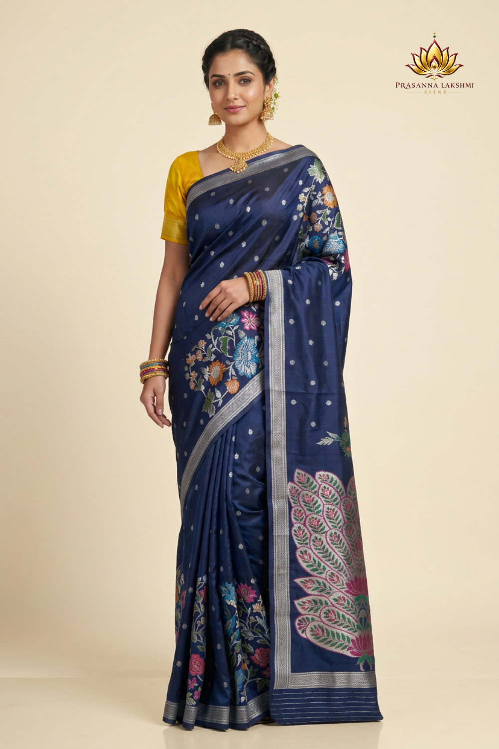 Banarasi Munga silk saree with all-over zari woven floral motifs and rich brocade pallu.

