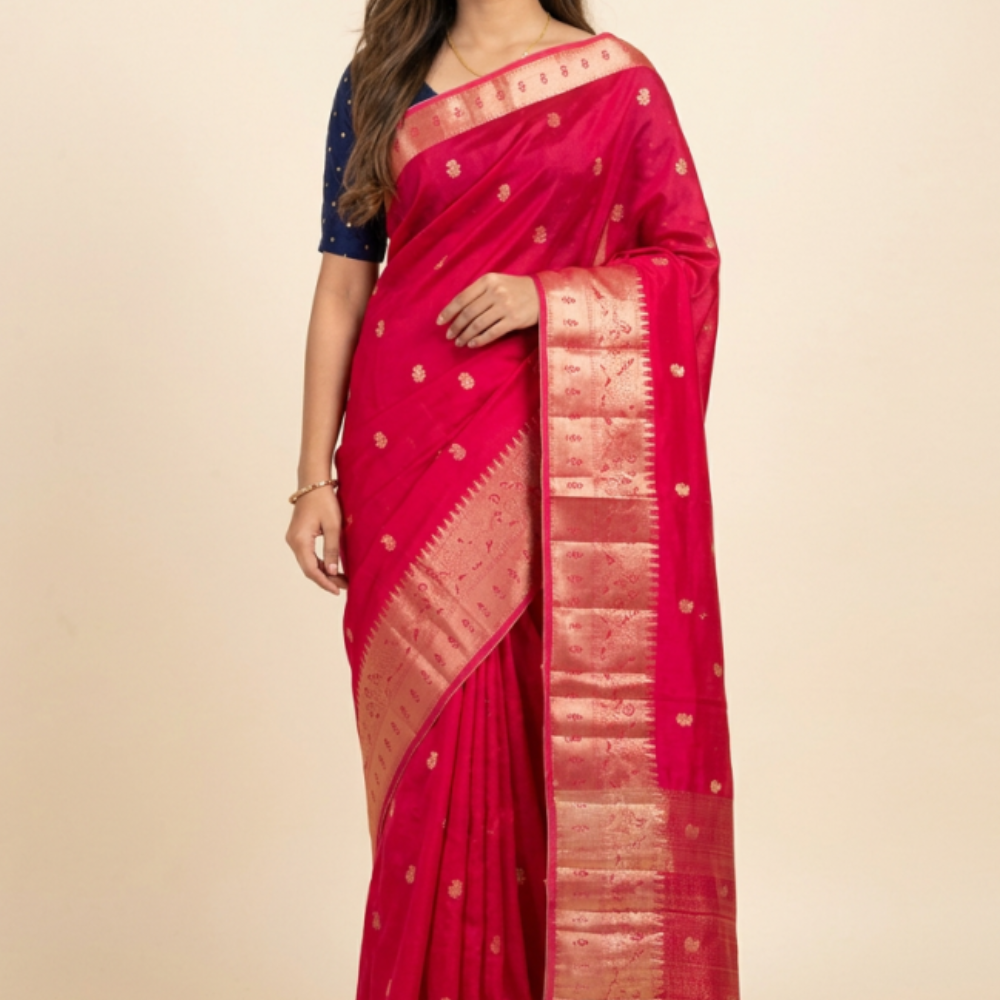 Banarasi Munga Saree with all-over unique zari motifs, zari woven floral bunch borders, rich brocade pallu, 