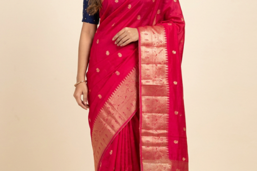 Banarasi Munga Saree with all-over unique zari motifs, zari woven floral bunch borders, rich brocade pallu, 