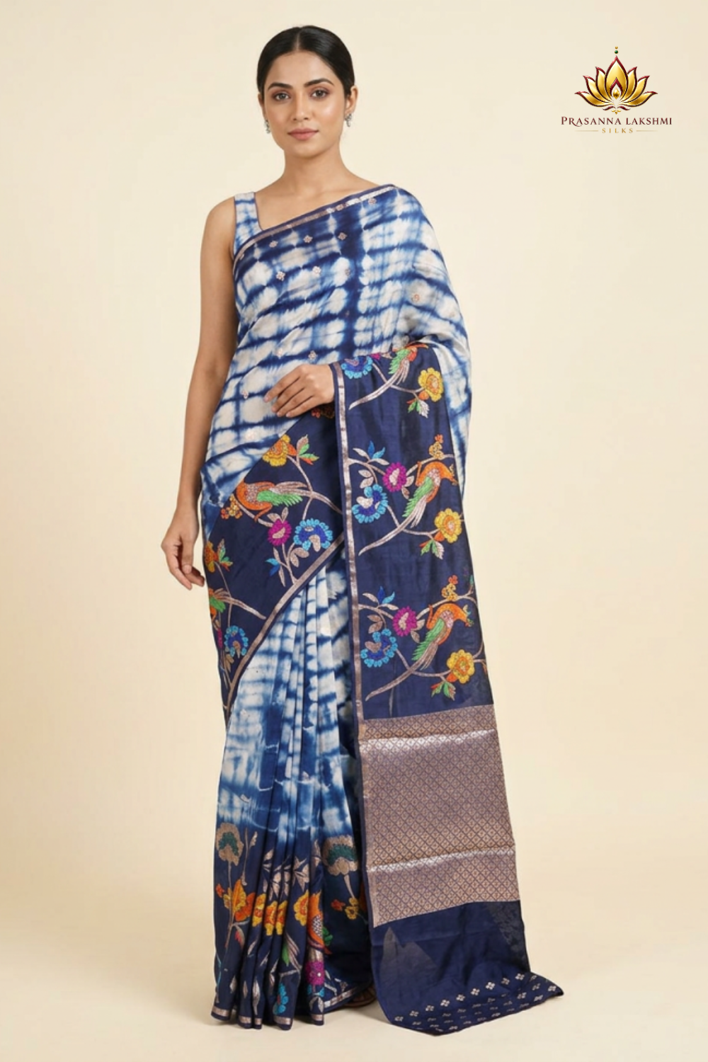 Banarasi organza saree with allover Shibori prints and floral meenakari zari woven border
