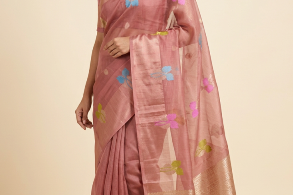 Kota Silk Saree with self-checks, gold and silver zari motifs, meenakari satin border and rich brocade pallu
