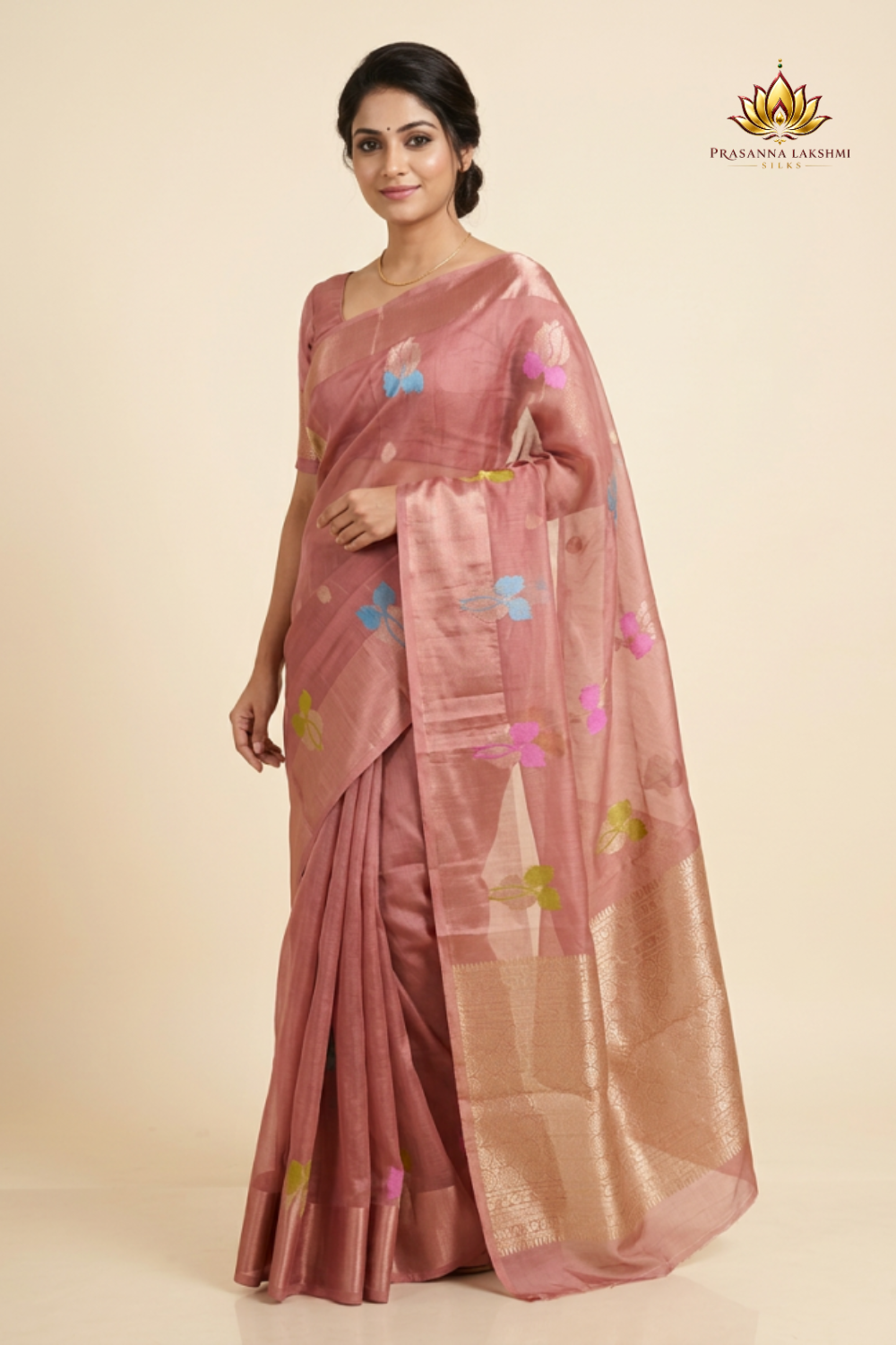 Kota Silk Saree with self-checks, gold and silver zari motifs, meenakari satin border and rich brocade pallu
