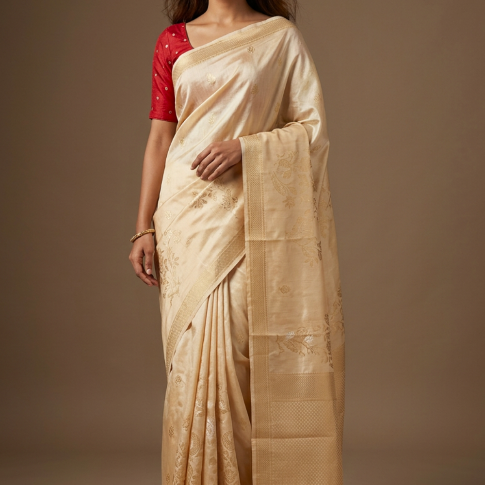 Elegant Munga Tissue festive saree with intricate zari brocade weaving and matching running blouse.
