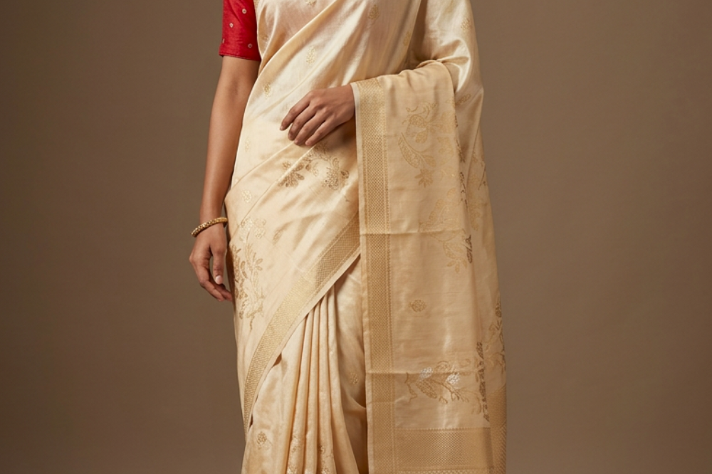 Elegant Munga Tissue festive saree with intricate zari brocade weaving and matching running blouse.
