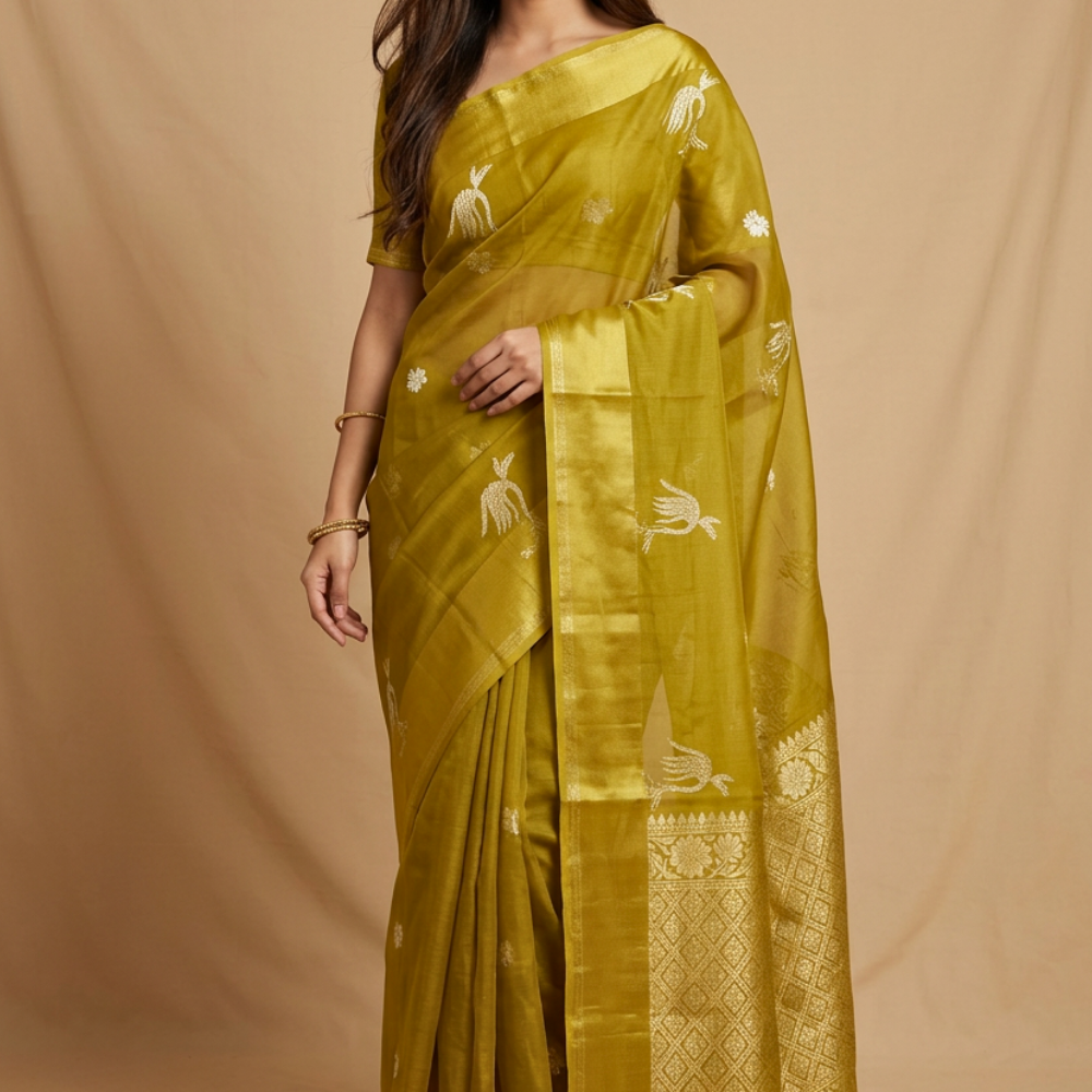 Kota Silk Saree with self-checks, gold and silver zari motifs, meenakari satin border and rich brocade pallu
