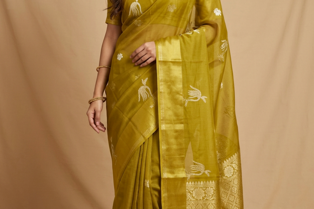 Kota Silk Saree with self-checks, gold and silver zari motifs, meenakari satin border and rich brocade pallu
