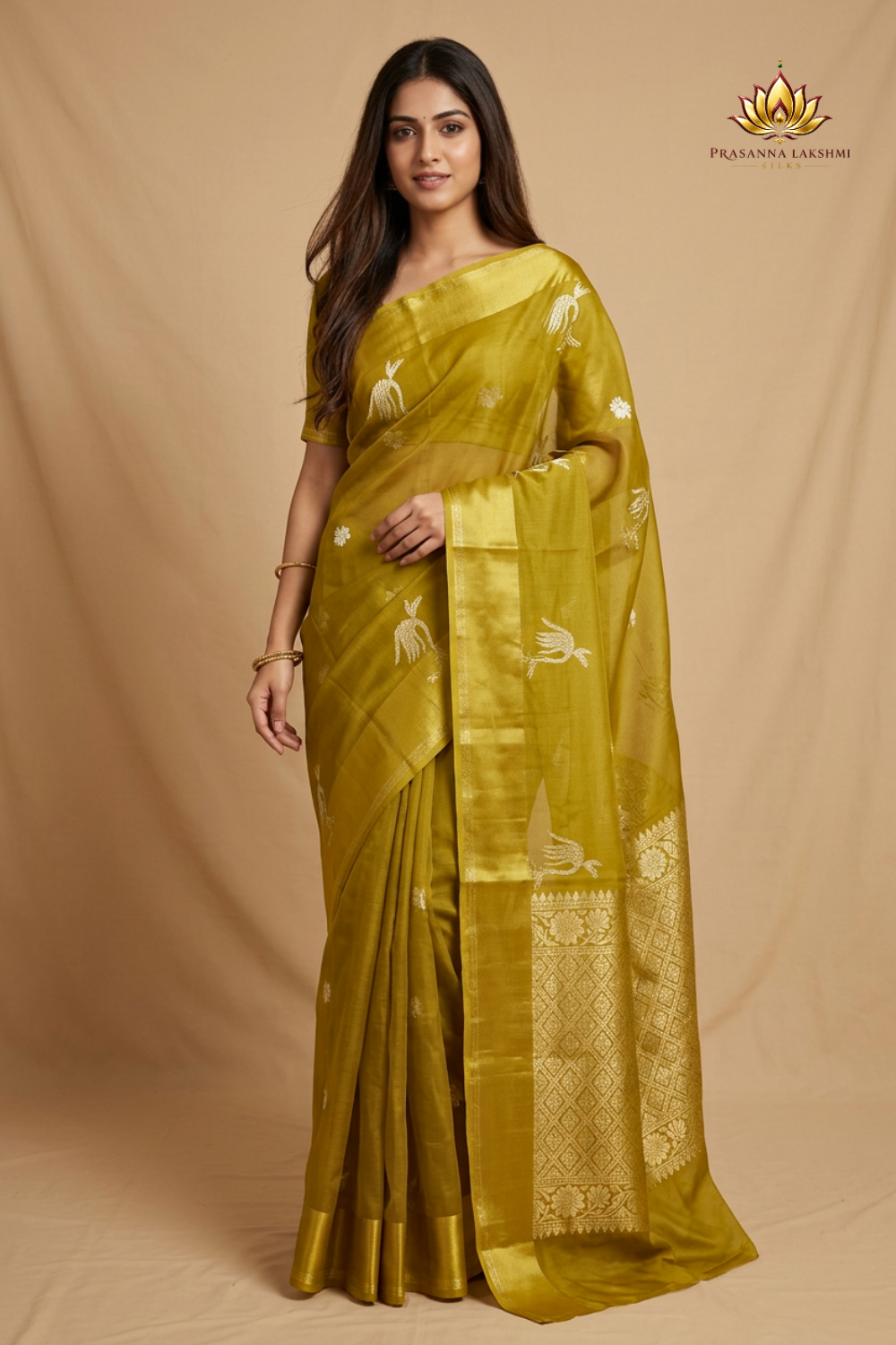 Kota Silk Saree with self-checks, gold and silver zari motifs, meenakari satin border and rich brocade pallu
