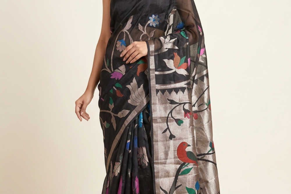 Viscose organza saree with zari woven floral brocade and meenakari detailing with rich tissue brocade pallu
