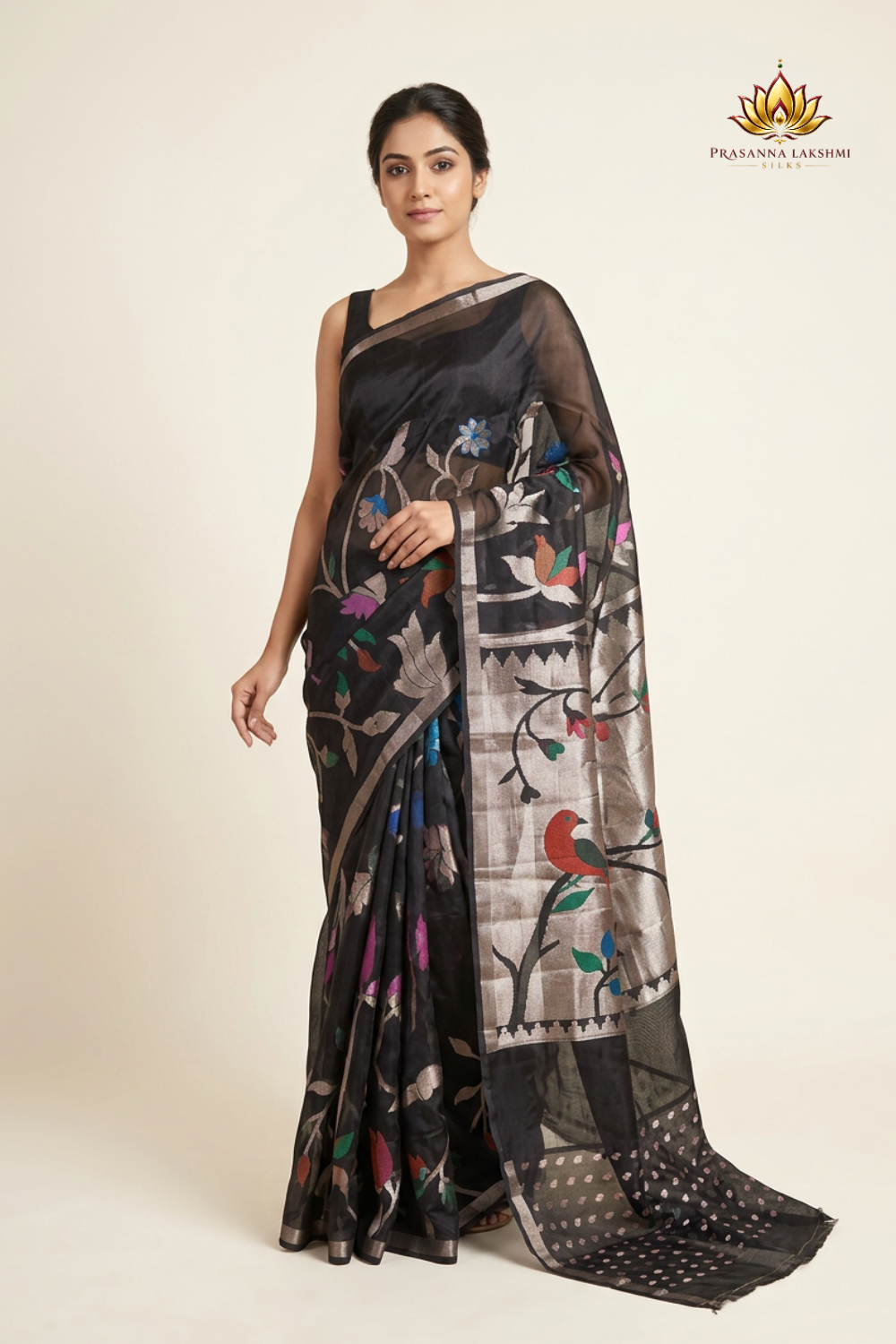 Viscose organza saree with zari woven floral brocade and meenakari detailing with rich tissue brocade pallu
