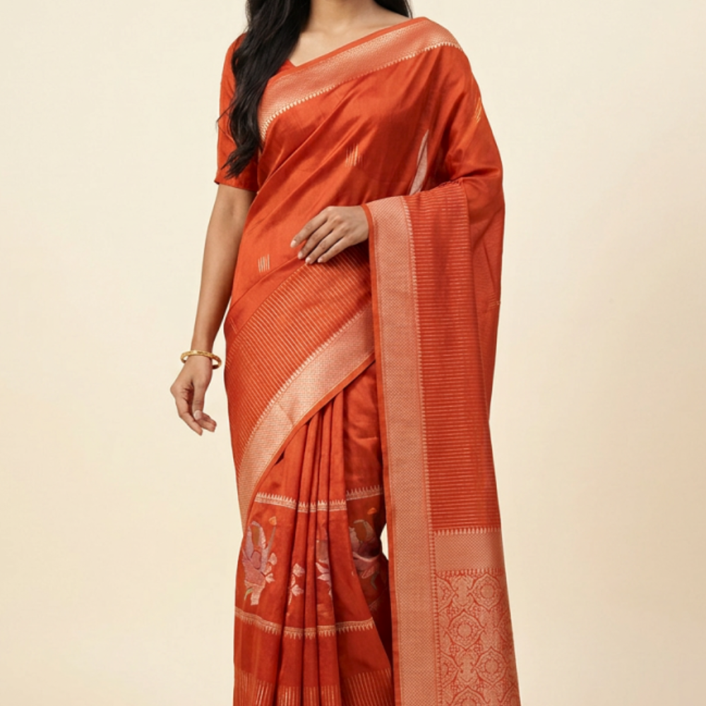 Banarasi Munga Saree with all-over unique zari motifs, zari woven floral bunch borders, rich brocade pallu, 