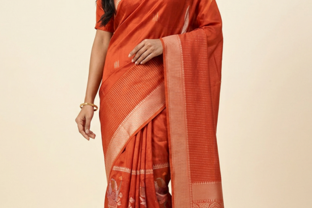 Banarasi Munga Saree with all-over unique zari motifs, zari woven floral bunch borders, rich brocade pallu, 