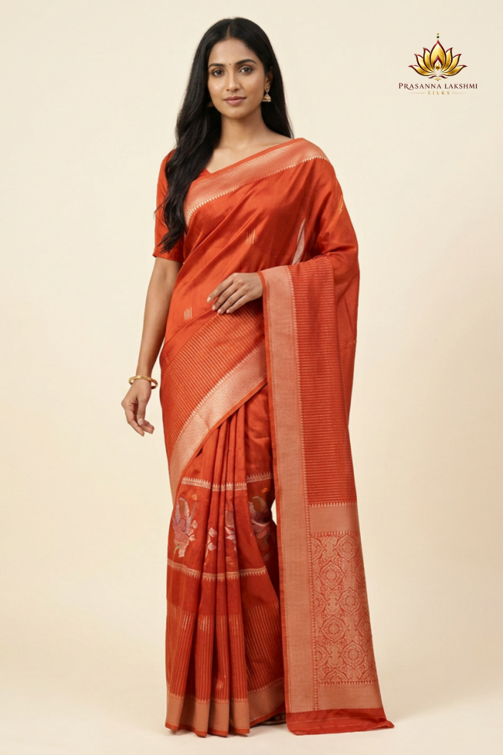 Banarasi Munga Saree with all-over unique zari motifs, zari woven floral bunch borders, rich brocade pallu, 