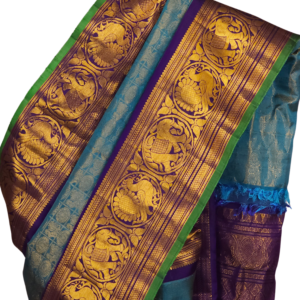 Light Blue Pure Handloom Gadwal Silk Saree with dark blue turning borders and rich zari brocade pallu


