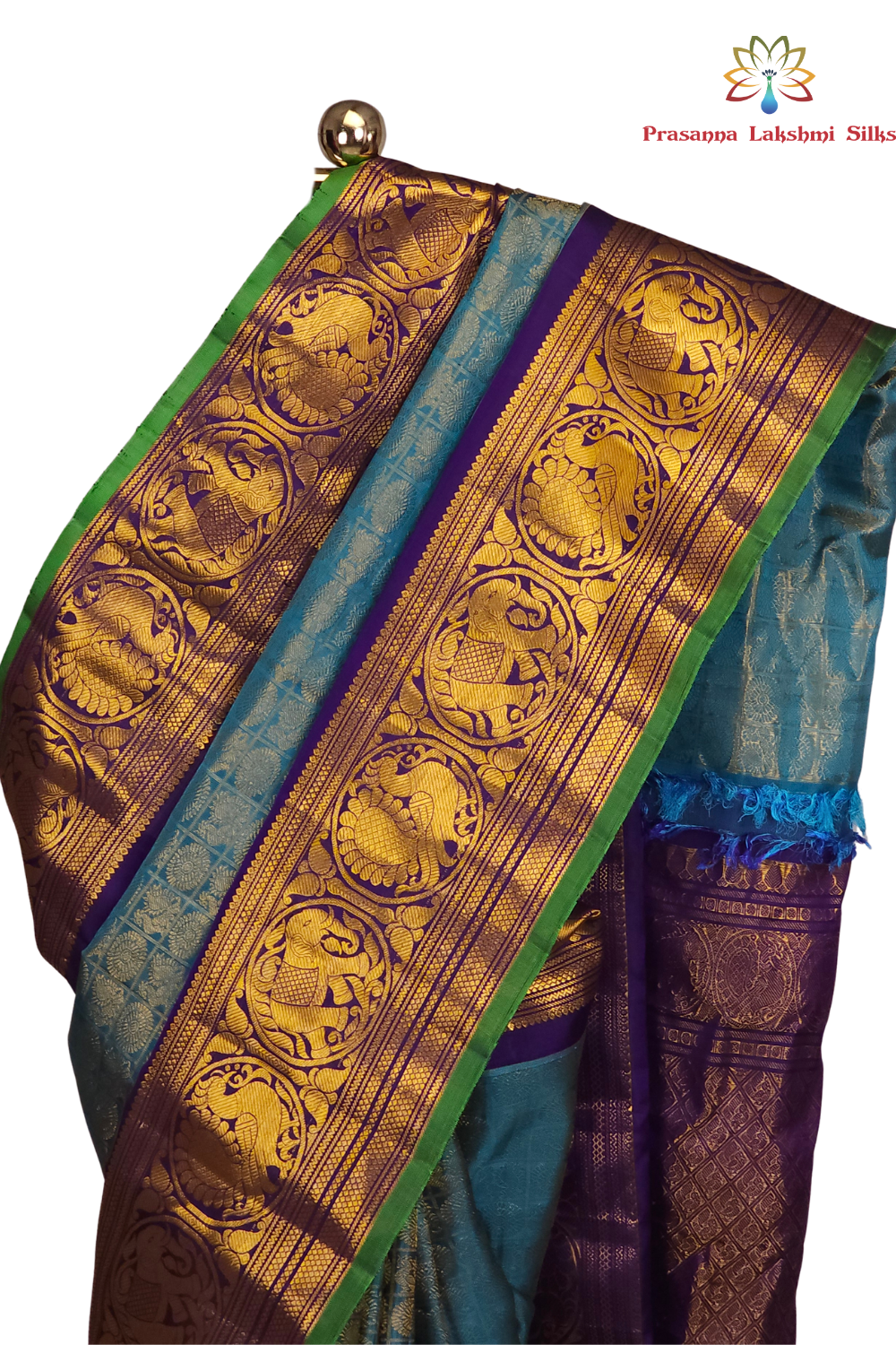 Light Blue Pure Handloom Gadwal Silk Saree with dark blue turning borders and rich zari brocade pallu

