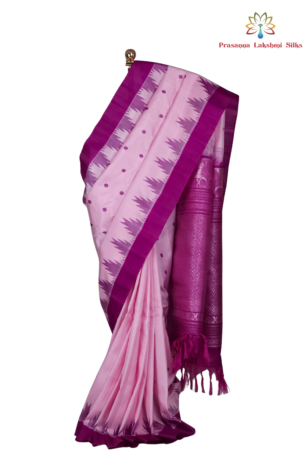 Lilac Handloom Gadwal Pure Silk Saree with rich purple zari woven border and brocade pallu


